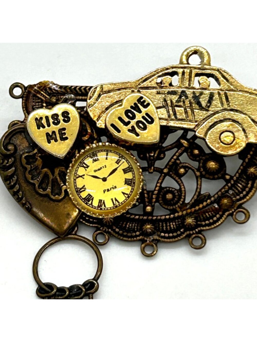 Vintage Steampunk Heart Brooch Clock Keys Car Charm Bronze Gold Tone Art Pin - Picture 3 of 10